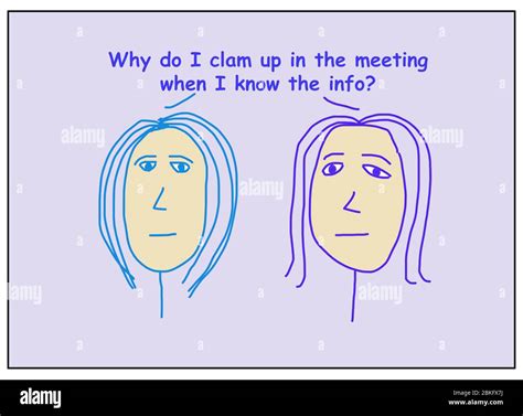 Color Cartoon Of Two Business Women Stating They Do Not Know Why They Clam Up In The Meeting