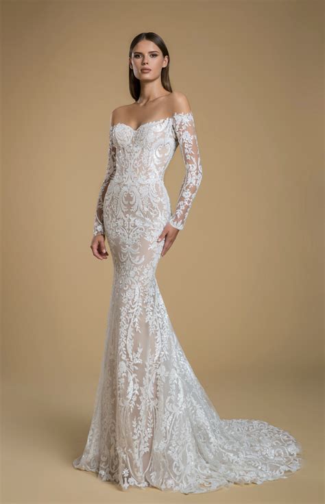 Off The Shoulder Long Sleeve Sequin Sheath Wedding Dress Kleinfeld Bridal Long Sleeve