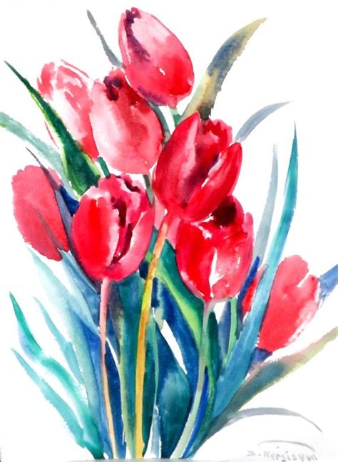 Tulips Original Watercolor Painting 12 X 9 In Red Flowers Etsy Sulu