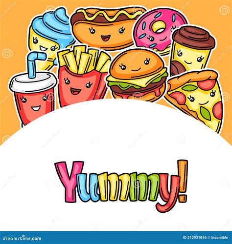 Background With Cute Kawaii Fast Food Meal Stock Vector Illustration