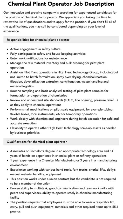 Chemical Plant Operator Job Description Velvet Jobs