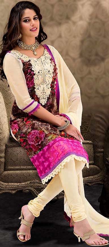 Multi Color Chudidar Kameez Suit With Embroidered Patch On Neck And