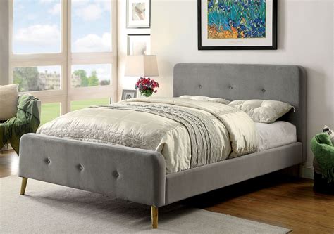 transitional grey full size button tufted platform bed