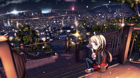 Anime Girl Sitting On The Stairs Above The City Lights Wallpaper Backiee