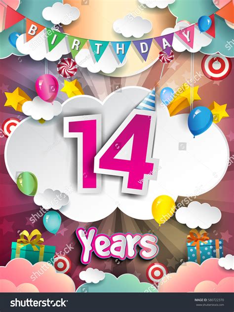 14th Birthday Celebration Greeting Card Design Stock Vector 580722370