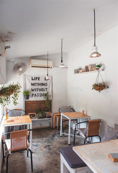 Interior Retro Design Of White Cafe Decoration With Plant Stock Image