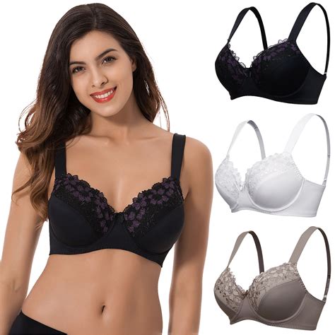 Curve Muse Plus Size Minimizer Underwire Unlined Bras With Embroidery Lace 3pack Whiteblack