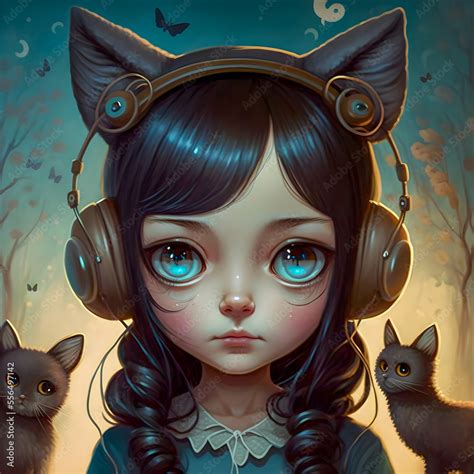 Cute Kawaii Anime Brunette Girl Wearing Headphones With Cat Ears