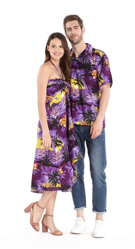 Couple Matching Hawaiian Luau Party Outfit Set Shirt Dress In Sunset Purple Men Xl Women L Ad