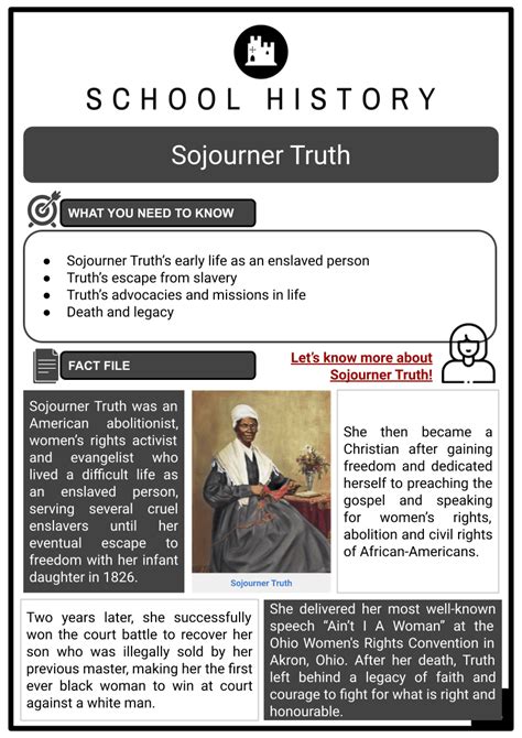 Sojourner Truth Facts Worksheets Escape From Slavery Legacy