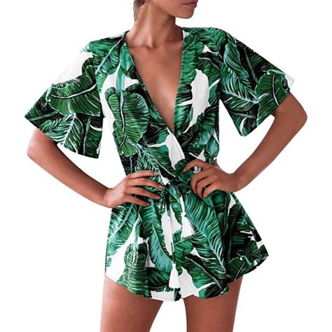 drawstring women playsuits 2019 summer short sleeve v neck casual jumpsuit rompers printed