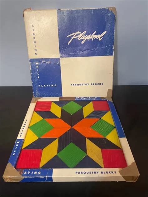 1950s Complete Original Playskool Parquetry Blocks Box And Six