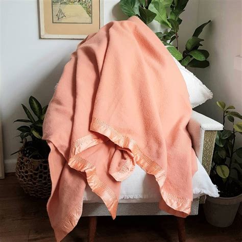 Vintage Pure Wool Blanket Peachy Mango Pink Australian Made Onkaparinga