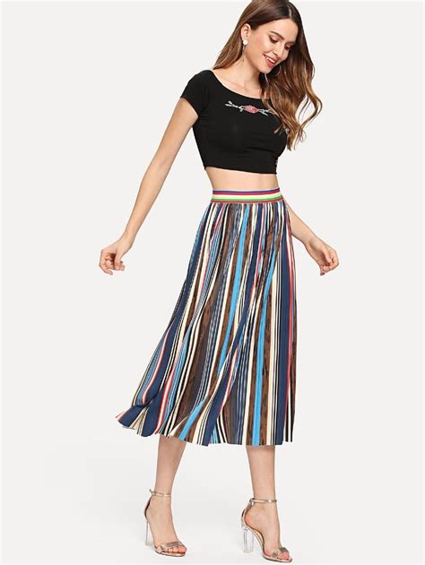Multi Striped Pleated Skirt Sheinsheinside Pleated Skirt Skirts