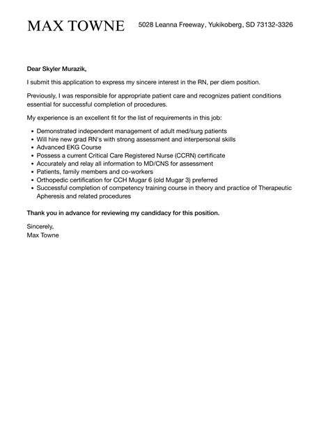 RN, Per Diem Cover Letter | Velvet Jobs