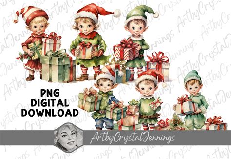 Vintage Christmas Elf With Presents Png Graphic By Artbycrystaljennings