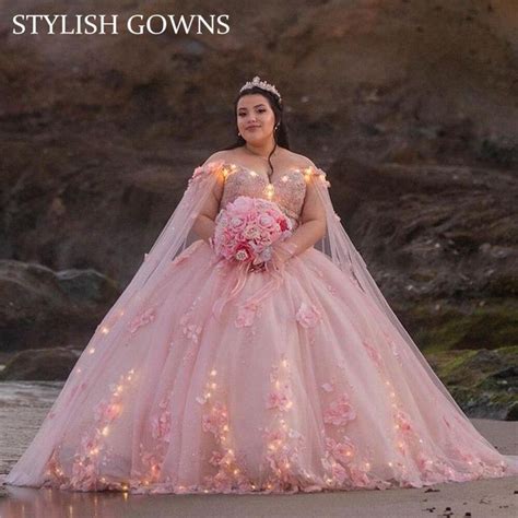 Charming Light Pink Off The Shoulder Ball Gown Beaded 3d Floral Quinc
