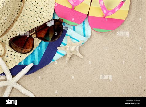 Colorful Summer Beachwear Flip Flops Towel Hat Sunglasses And