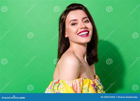 Foto De Perfil De Una Elegante E Impresionante Joven Dama Toothy Sonriendo En Color Verde Foto