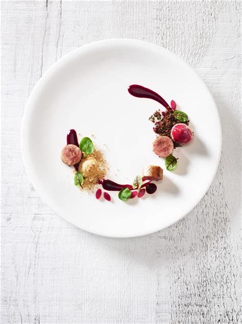 The most common fine dining dessert material is porcelain & ceramic. Quail Roulade with Beets and Smoked Apple for S Pellegrino ...