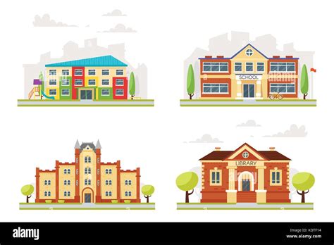 Vector Cartoon Style Set Of Educational Buildings Kindergarten Stock