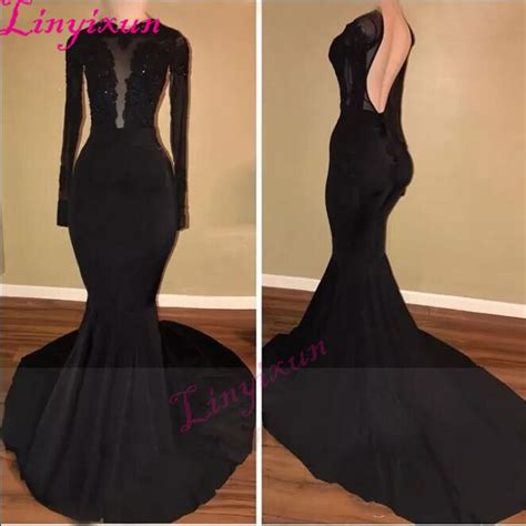 Sexy Black Mermaid Prom Dresses 2018 Sheer Long Sleeves Applique Lace Floor Length Backless