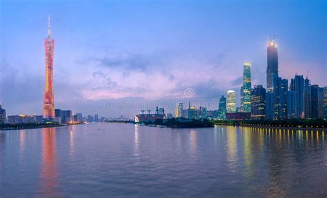 Guangzhou China Skyline On The River At Dusk Editorial Stock Photo