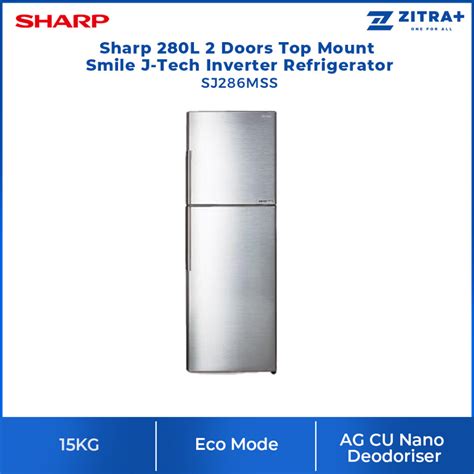 Sharp 280l 2 Door Top Mount J Tech Inverter Refrigerator Sj286mss Ag Cu Nano Deodoriser Eco