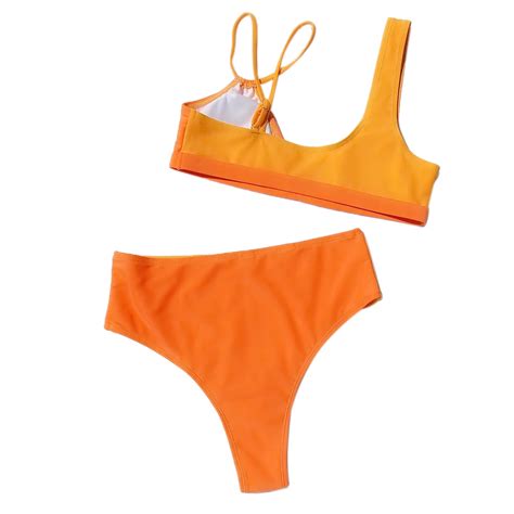 Ladies Summer Sexy Yellow Orange Splicing Swimsuit Bikini Adults Women