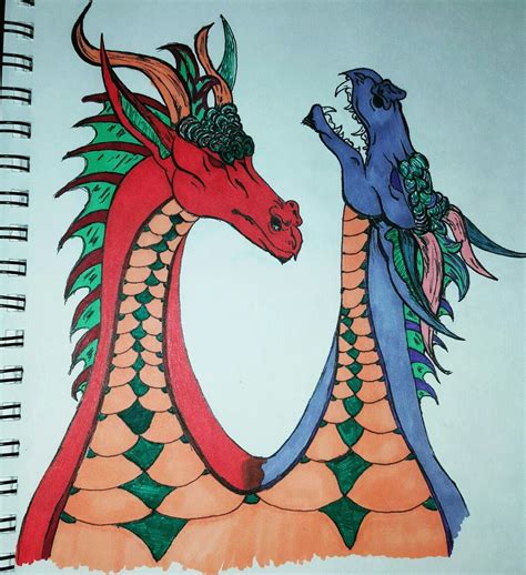 A Drawing Of Two Colorful Dragon Heads Facing Each Other With One
