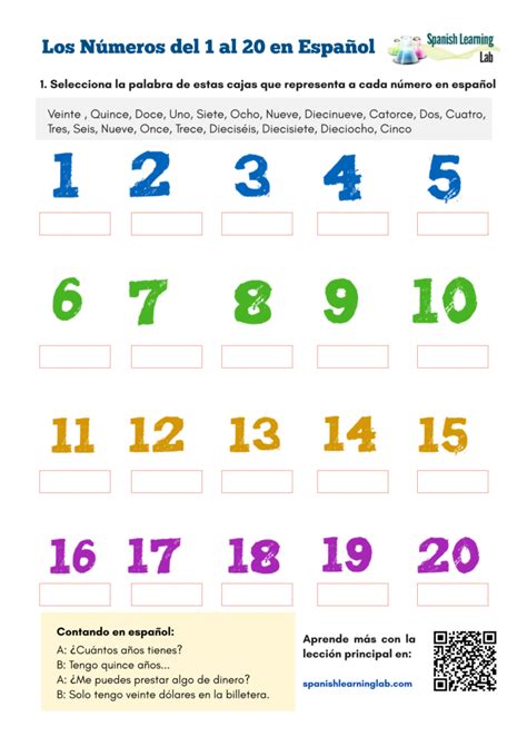 Numbers In Spanish From 1 To 20 Pdf Worksheet Spanish