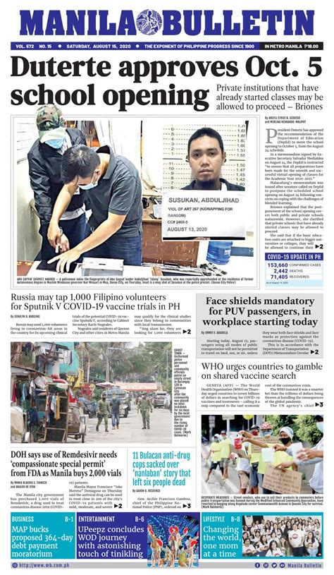 Manila Bulletin August 15 2020 Newspaper Get Your Digital Subscription