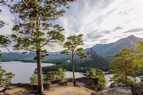 árboles Montañas Lago Pino Kazajstán Lago Borovoe La Altura De