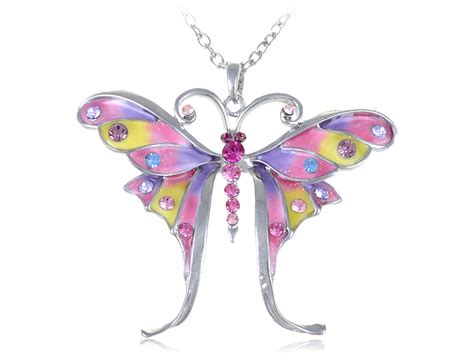 Womens Silvery Tone Glitter Pastel Spring Colorful Butterfly Pendant