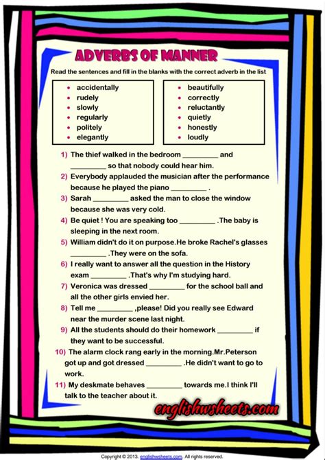 With a worksheet template you are able to teach them how to solve problems, and they are able to use the worksheets to simply help them figure out how to resolve their problems. Adverbs of Manner ESL Grammar Exercise Worksheet | Adverbs, Adverbs worksheet, Grammar worksheets