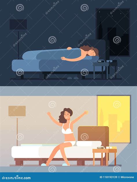 Woman Sleeping And Dreaming In Bed At Night And Waking Up In Morning Cartoon Vector Concept