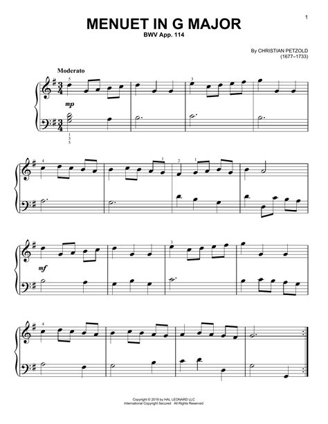 Menuet In G Major Bwv App 114 Easy Piano Print Sheet Music Now