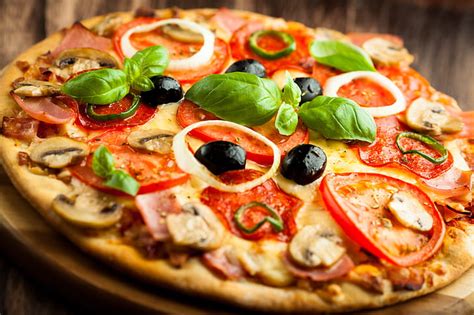 Mushrooms Cheese Pepper Pizza Tomatoes Dish Olives Ham Hd