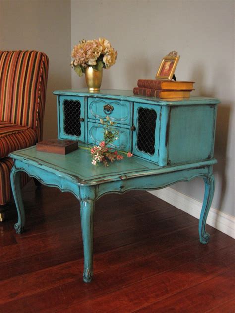 Hand painted round accent table. European Paint Finishes: Eclectic Teal End Table