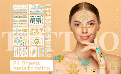 24 sheets gold temporary tattoos for women girls adults over 300 shimmer