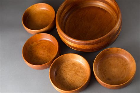 Wood Salad Bowl Set Set Of 5 Vintage Solid Maple Wood Food Safe