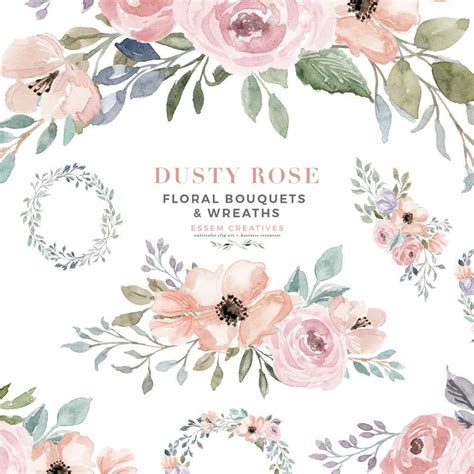 Dusty Rose Watercolor Floral Wreath Borders Bouquets