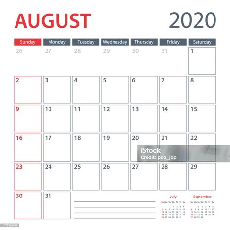 Templat Vektor Perencana Kalender Agustus 2020 Minggu Dimulai Hari