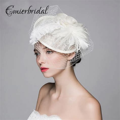 Vintage Bridal Hats For Wedding Chapeau Mariage Linen Feather Face Veil