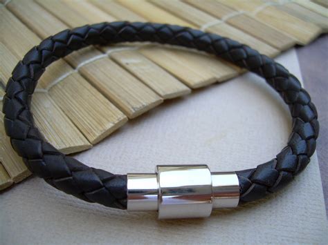 Mens Braided Leather Bracelet With Stainless Steel Magnetic Clasp