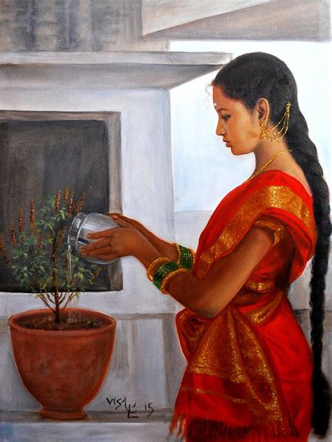 Tamil Girl Tulasi Pooja By Vishalandra Dakur Indian Women Painting