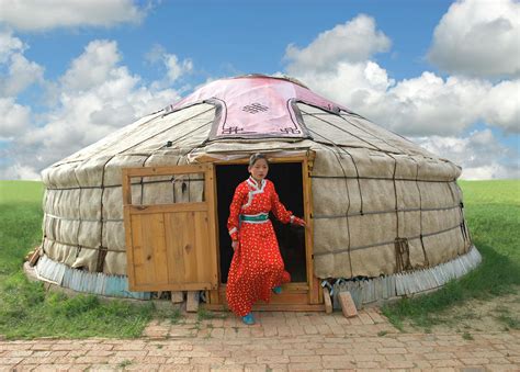 Mongolian Girl Stepping Out Of Her Yurt By Nancy Brown