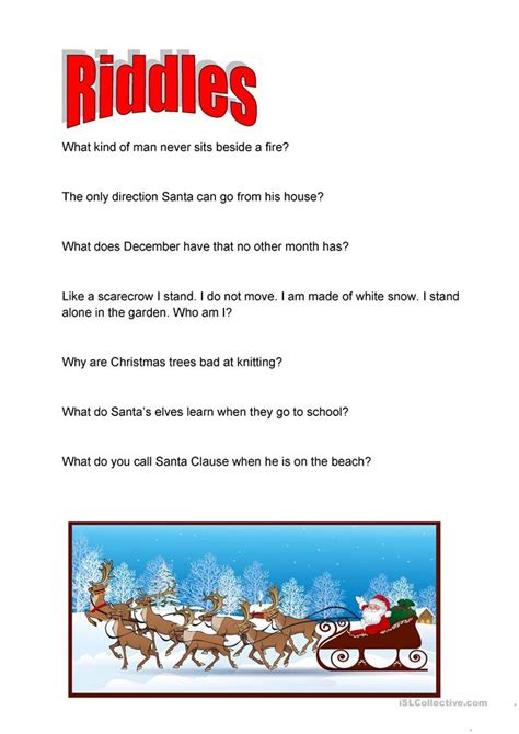 Those are some hard riddles to solve, so if you're really stumped then you can click on the picture to find the answer. Christmas riddles worksheet - Free ESL printable ...