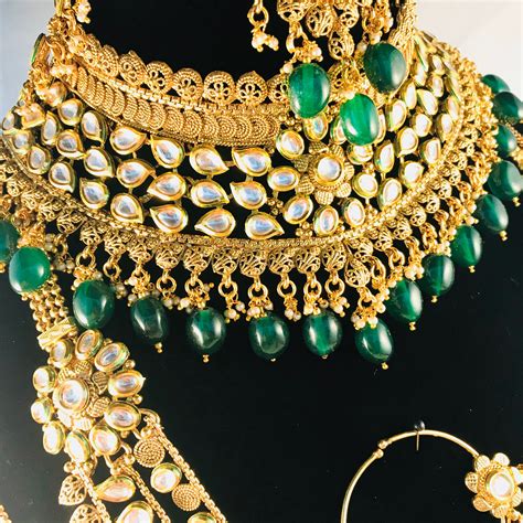 Raveena 8 Piece Gold And Green Kundan Indian Bridal Jewellery Set