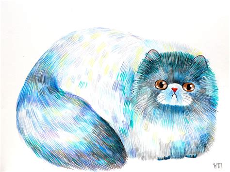 A Drawing Of A Blue And White Cat With Orange Eyes Sitting On The Ground